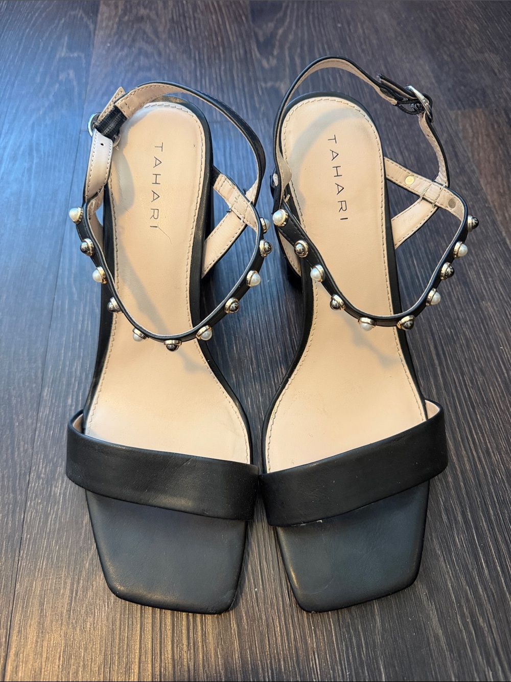 Tahari Black Sandals with Pearl-Style Studs